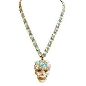 Betsey Johnson Gold Tone Crystal & Flower Sugar Skull Pendant Necklace